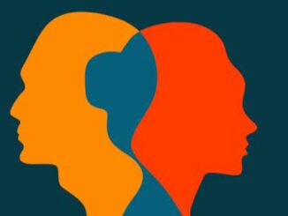 Poster with male and female profiles, yellow, orange, teal