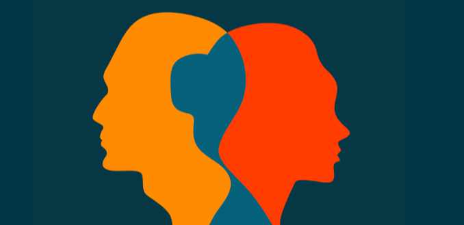Poster with male and female profiles, yellow, orange, teal